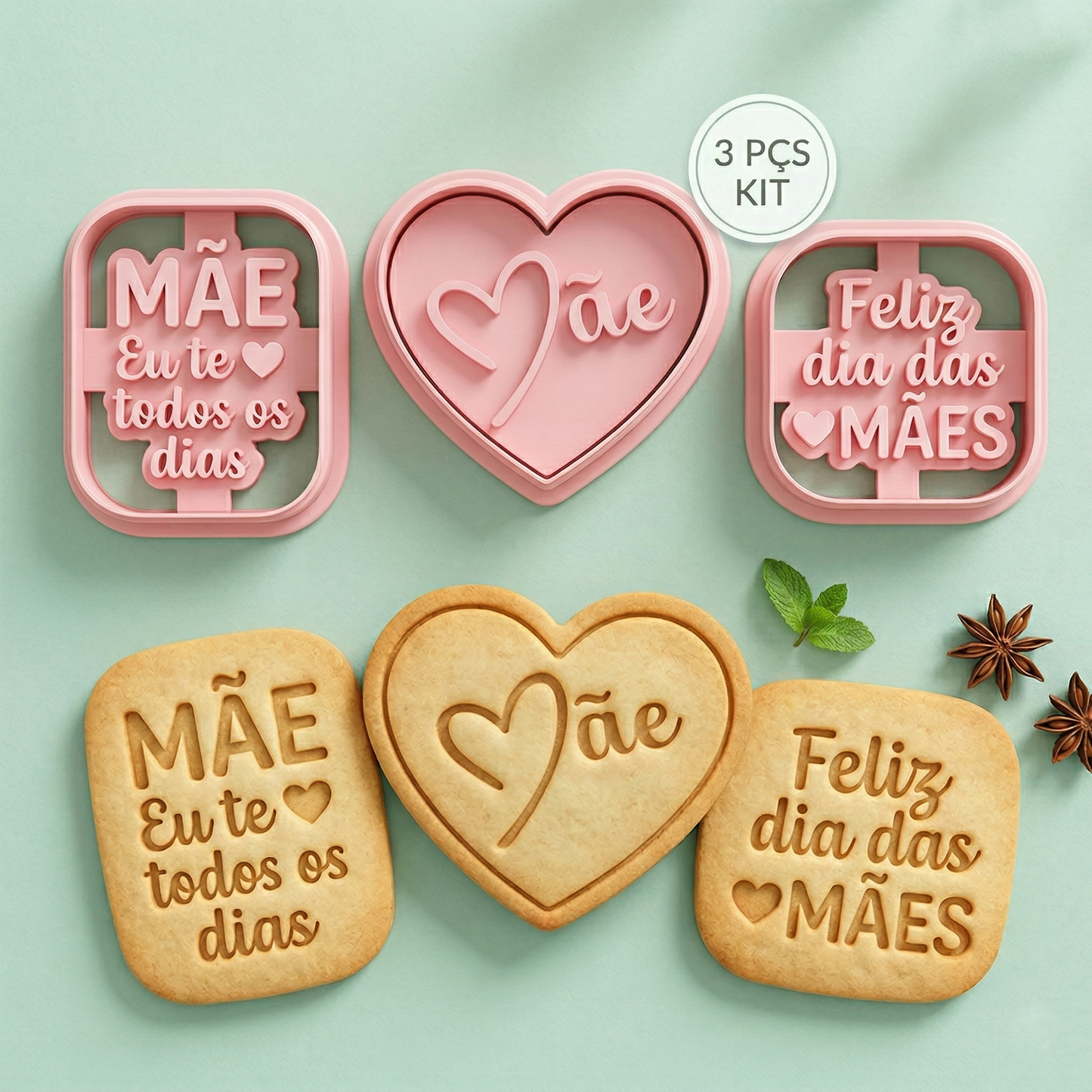 Kit 3 Carimbos Biscoitos Cortadores Especial Dia Das Mães